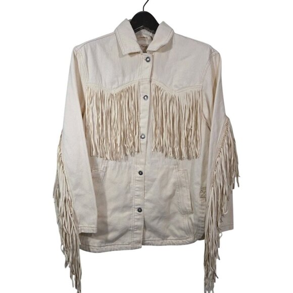 We The Free People Fringe Out Denim Jacket Ivory Western Festival Oversized Sz M - Picture 5 of 12